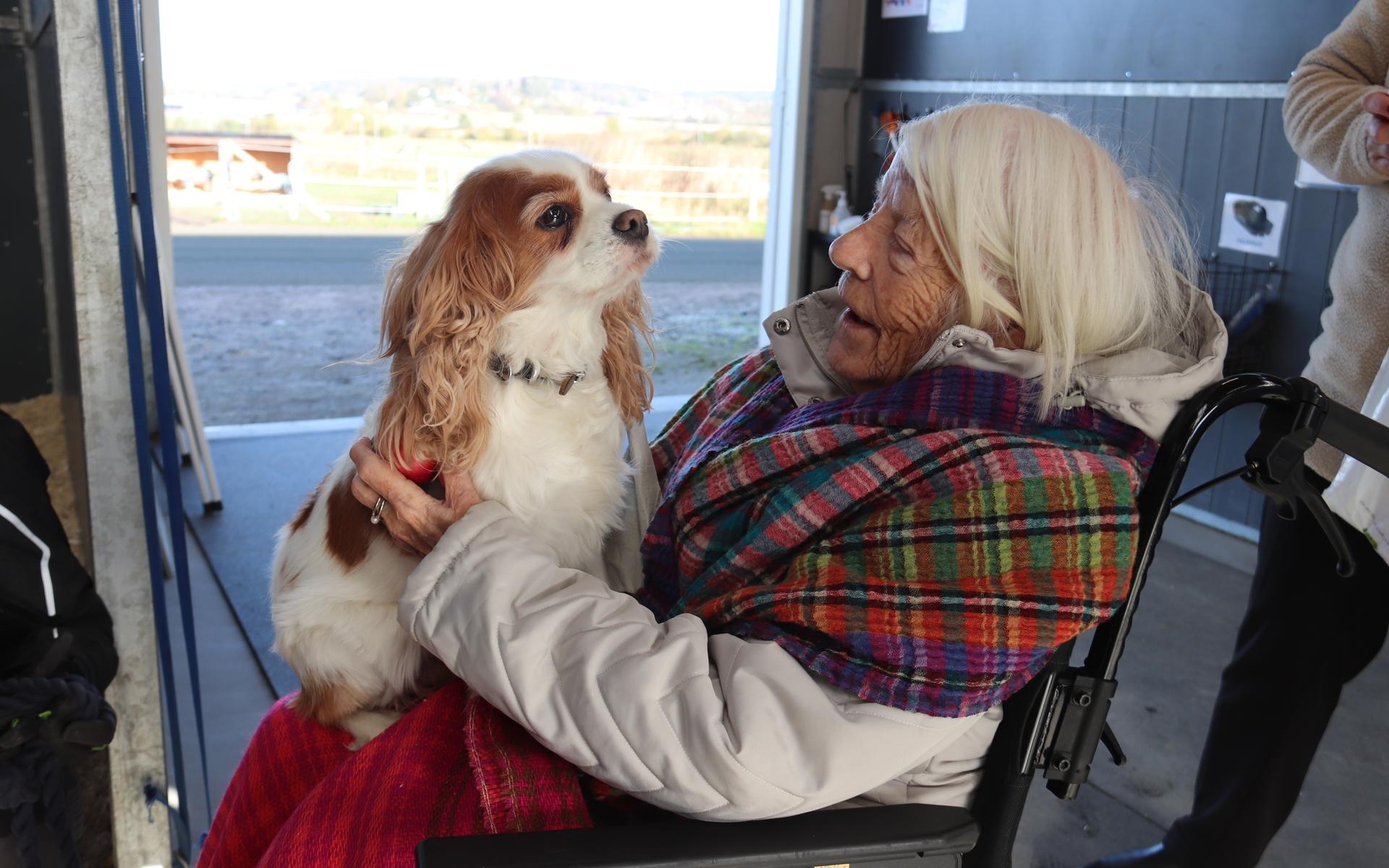 Anna-Lena Eliasson och hunden Pysen finner varandra i travskolans stall.